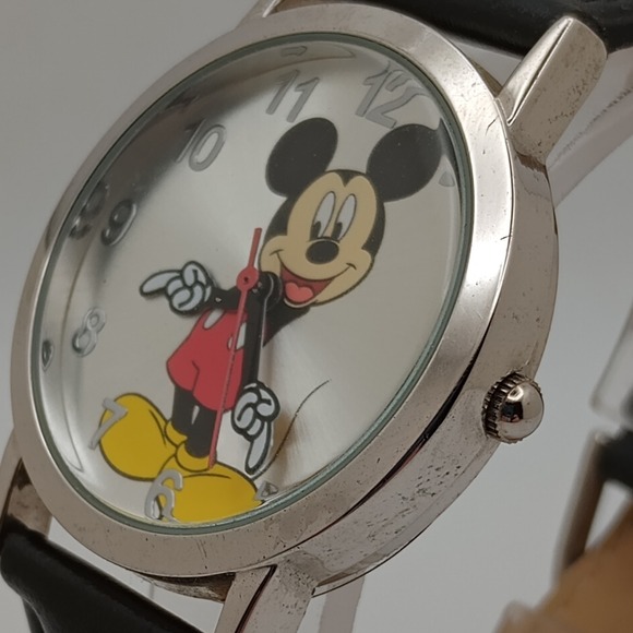 Disney Mickey Mouse Watch Silver Dial Black Leather Strap 33mm New Battery - Picture 8 of 12